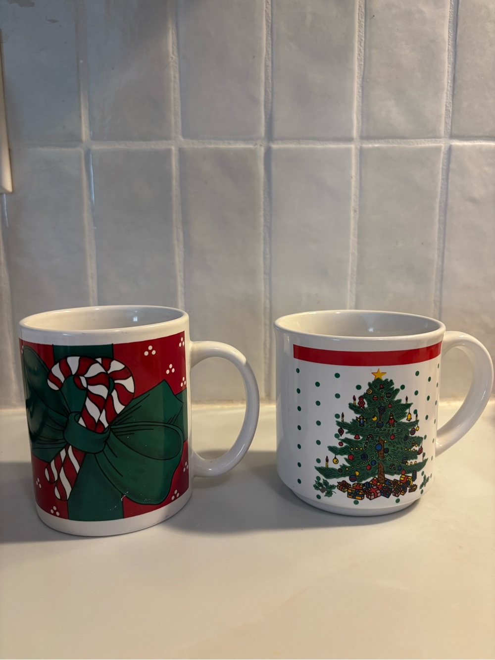 Set 2 Vintage Christmas Tree Candy Cane Coffee Cocoa Mug 80s/90s grandmacore